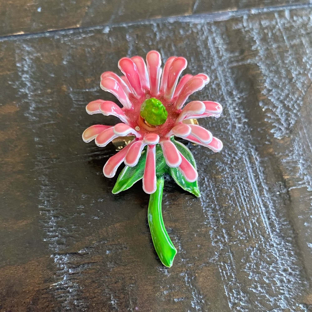 Pink Enamel Flower Brooch with Green Stem